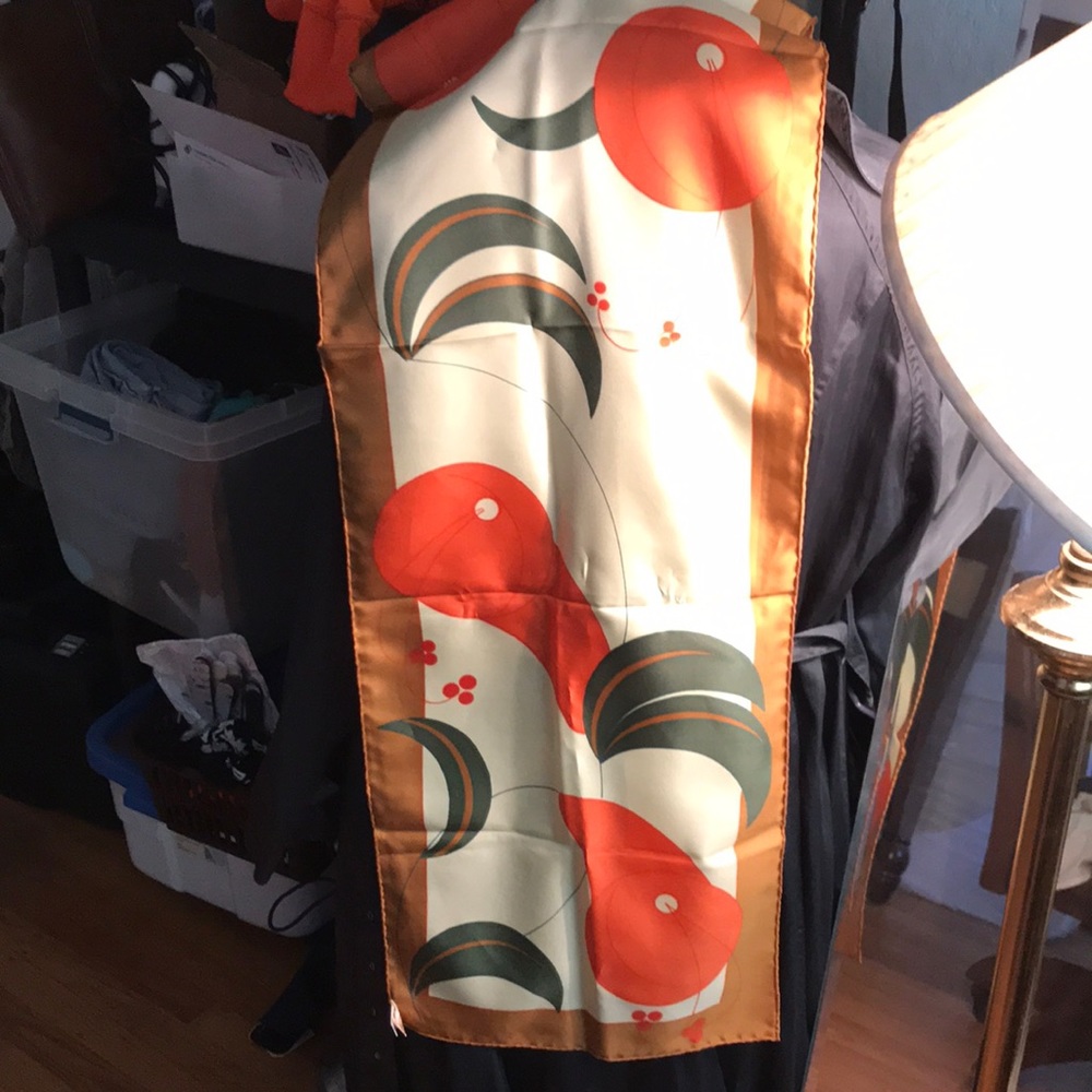Trevira vintage scarf 60”x13” long polyester, yellow, green , orange.